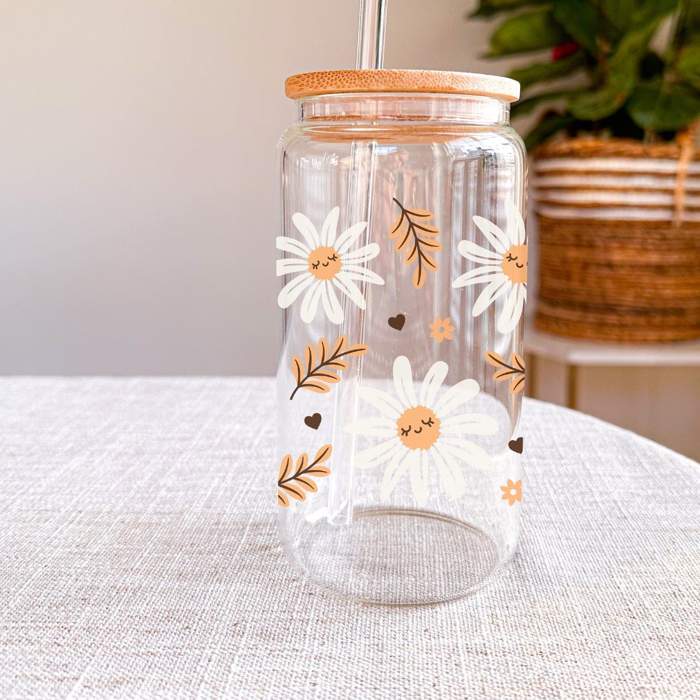 Happy Face Bloemetjes Glazen Drinkbeker met Rietje en Deksel