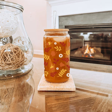 Herfst Patroon Glazen Drinkbeker met Bamboe Deksel – Perfect voor Elke Drank!
