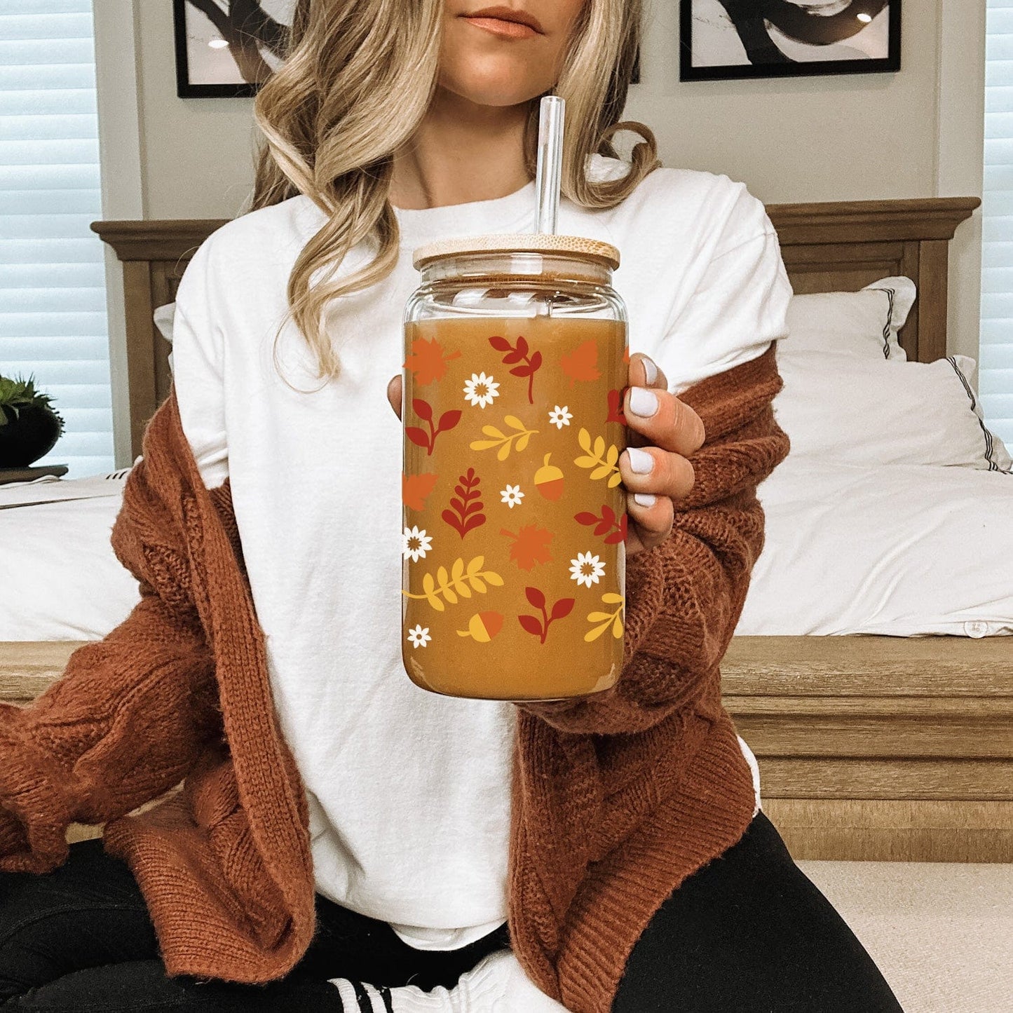 Herfst Patroon Glazen Drinkbeker met Bamboe Deksel – Perfect voor Elke Drank!