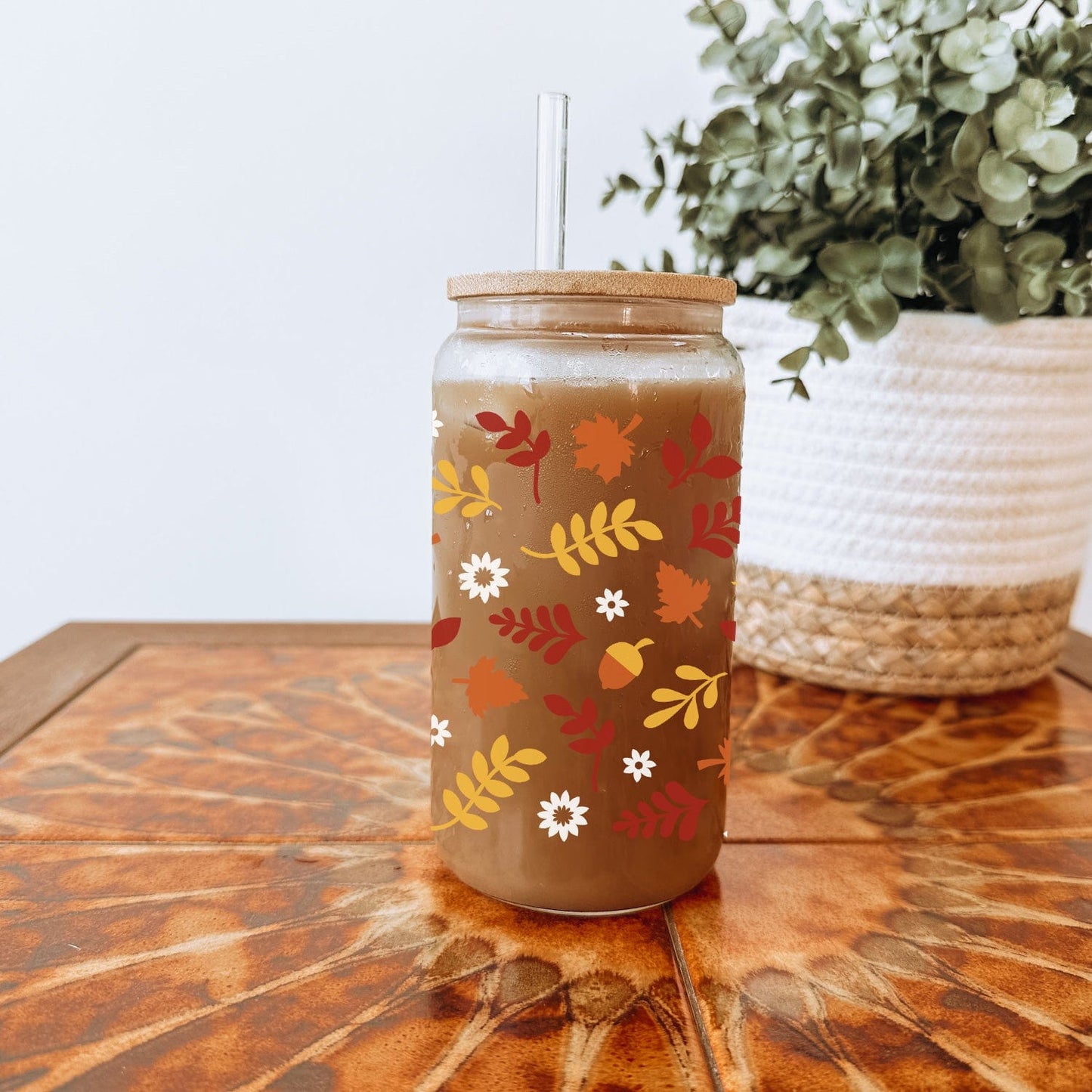 Herfst Patroon Glazen Drinkbeker met Bamboe Deksel – Perfect voor Elke Drank!