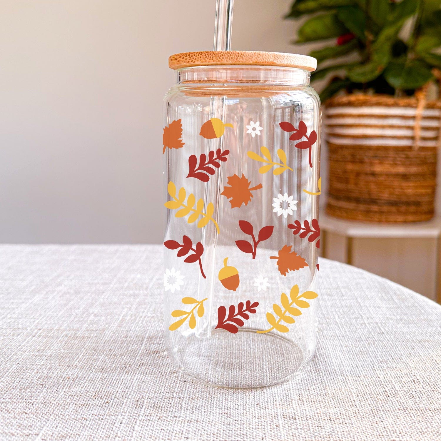 Herfst Patroon Glazen Drinkbeker met Bamboe Deksel – Perfect voor Elke Drank!