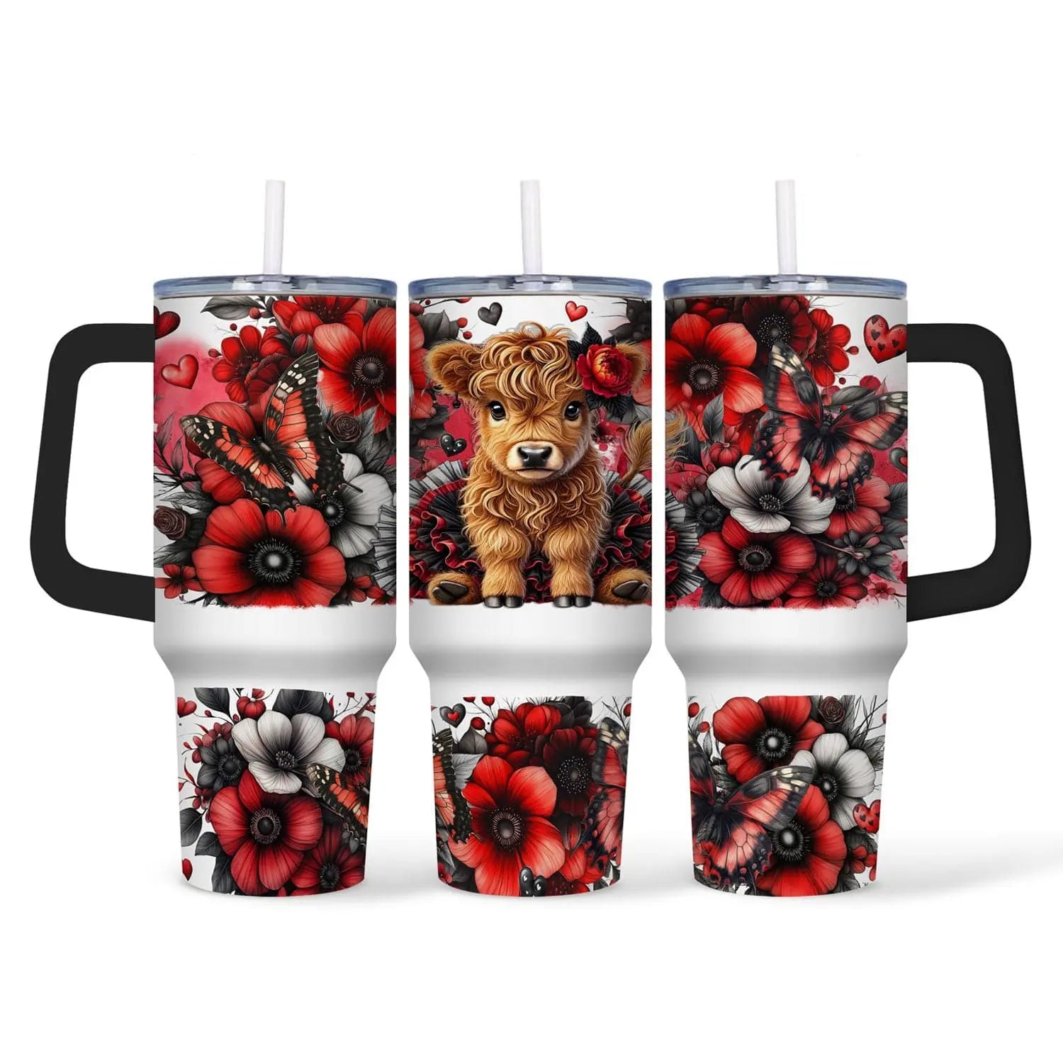 Hoogland Koe 40oz Tumbler met Bloemen – Rustieke Drinkbeker met Rietje
