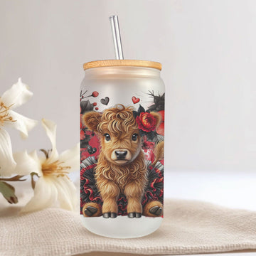 Hoogland Koe Glazen Drinkbeker met Bloemen – 500ml – Met Deksel & Glazen Rietje – Koffiebeker, Smoothiebeker, IJskoffie Glas – Herbruikbare Drinkmok