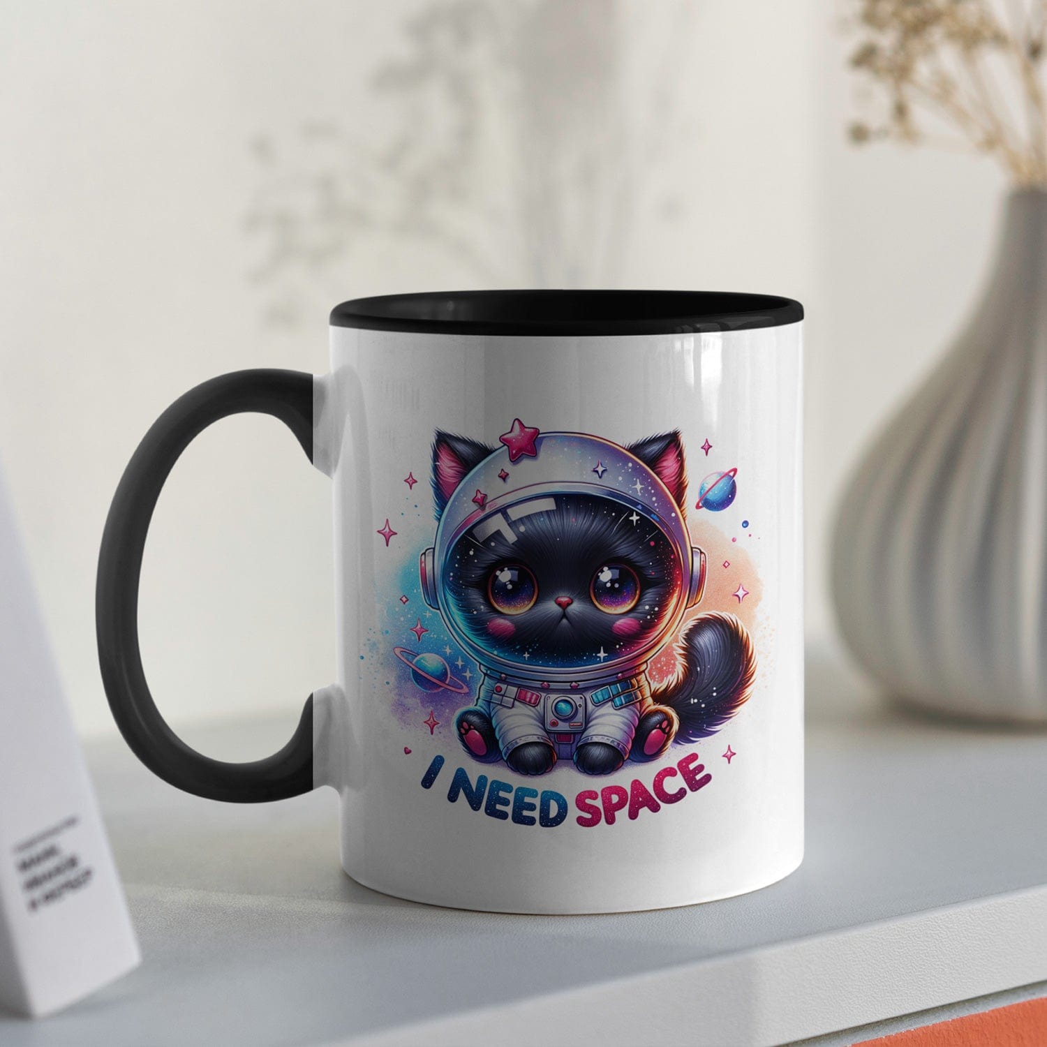 I need space kat koffiemok met spreuk