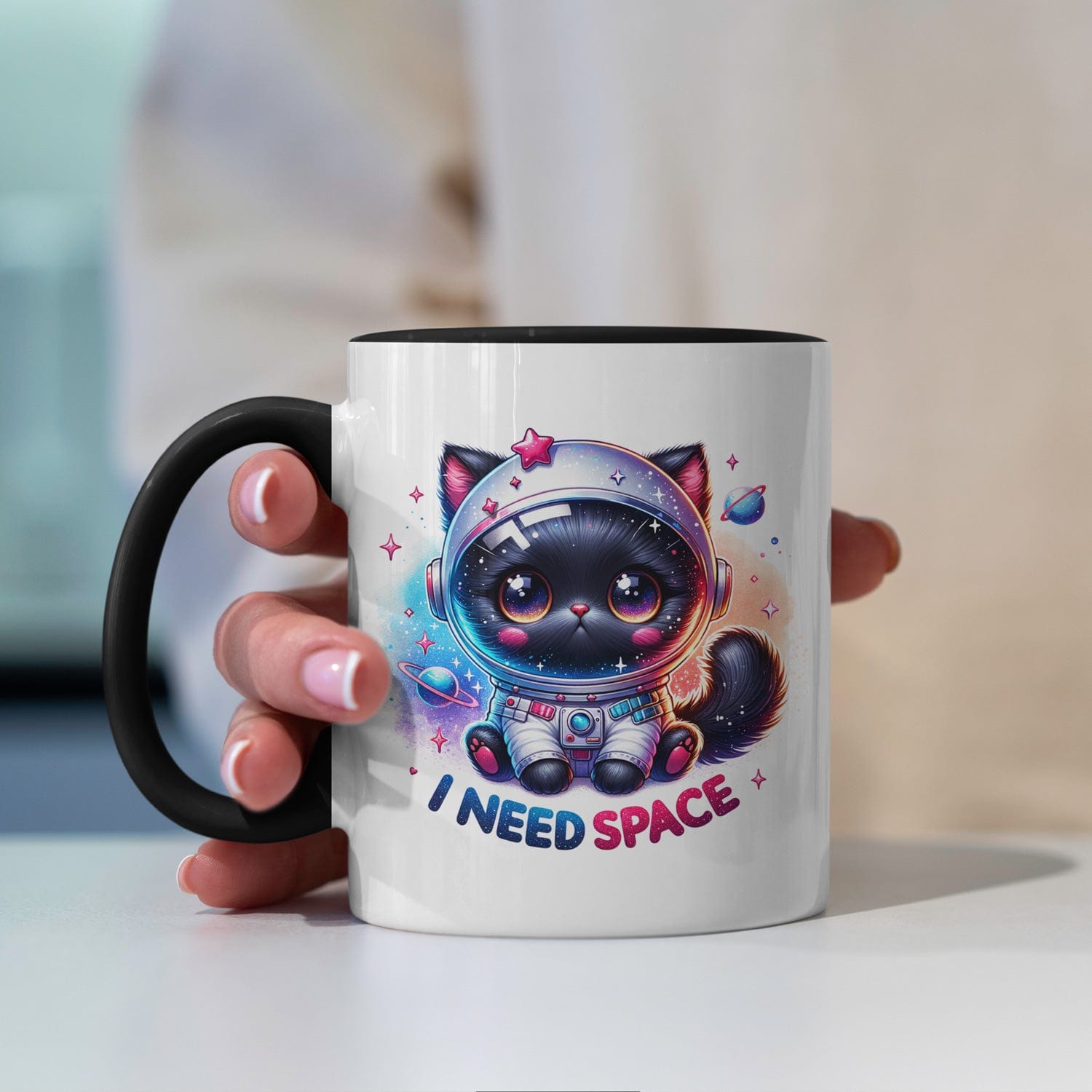 I need space kat koffiemok met spreuk