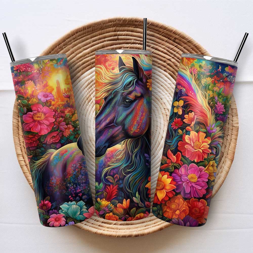 Kleurrijke paarden tumbler met bloemen