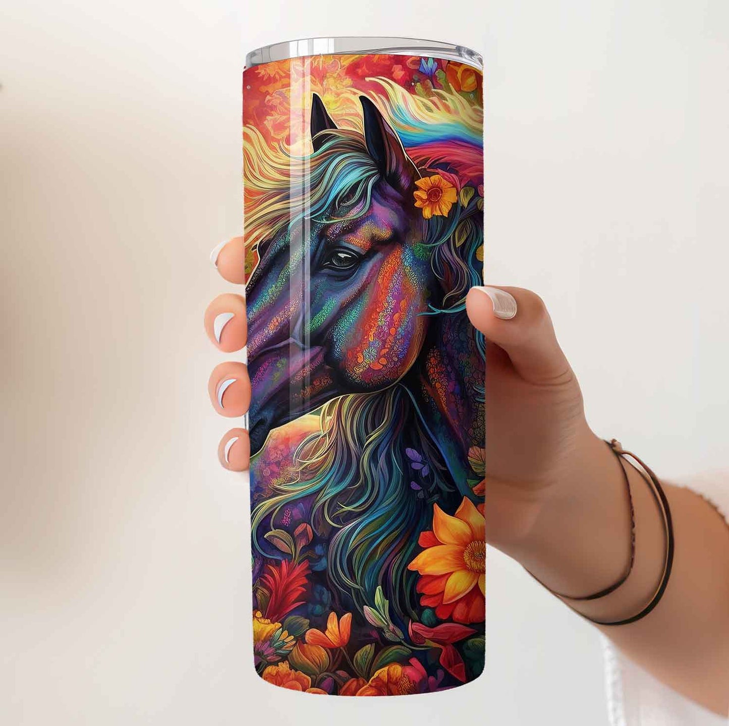 Kleurrijke paarden tumbler met bloemen