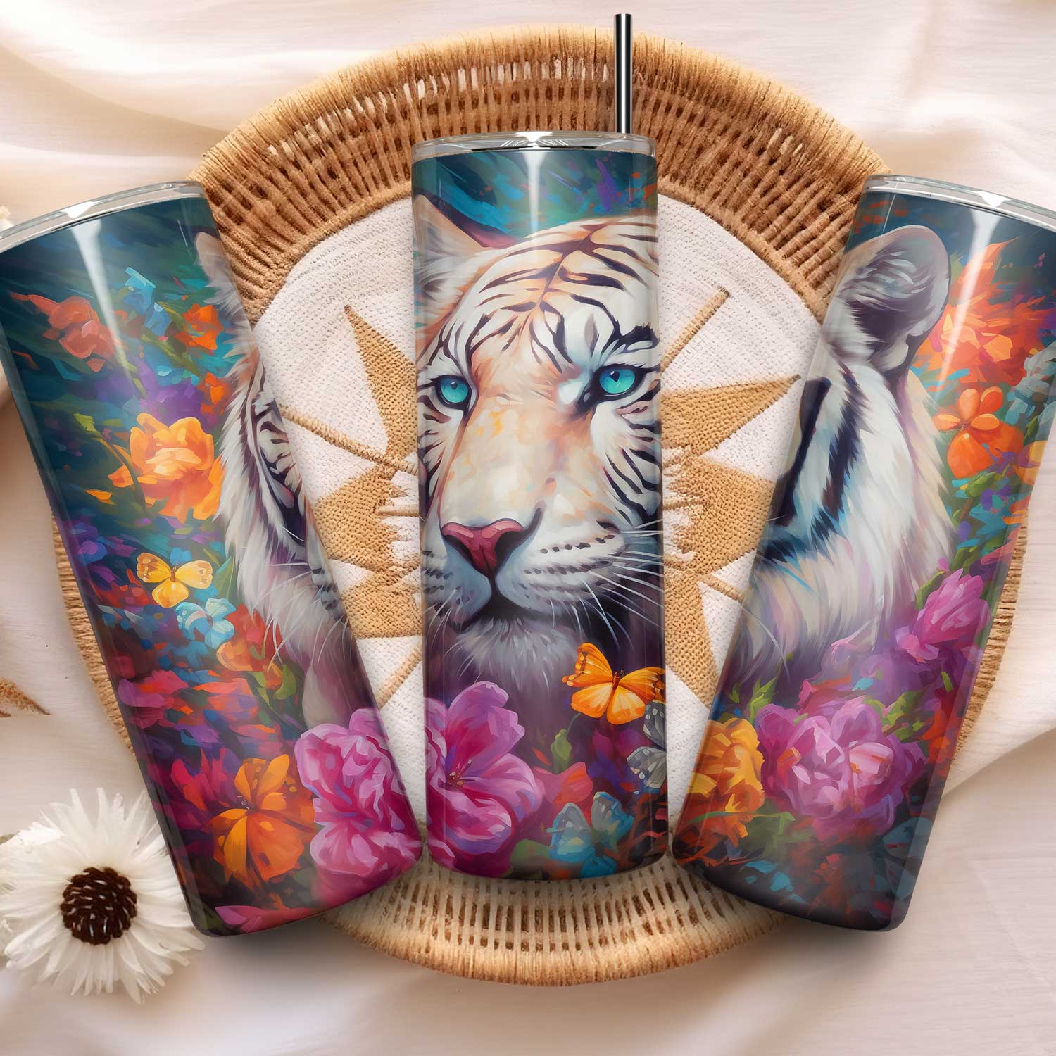 Kleurrijke witte tijger tumbler met bloemen