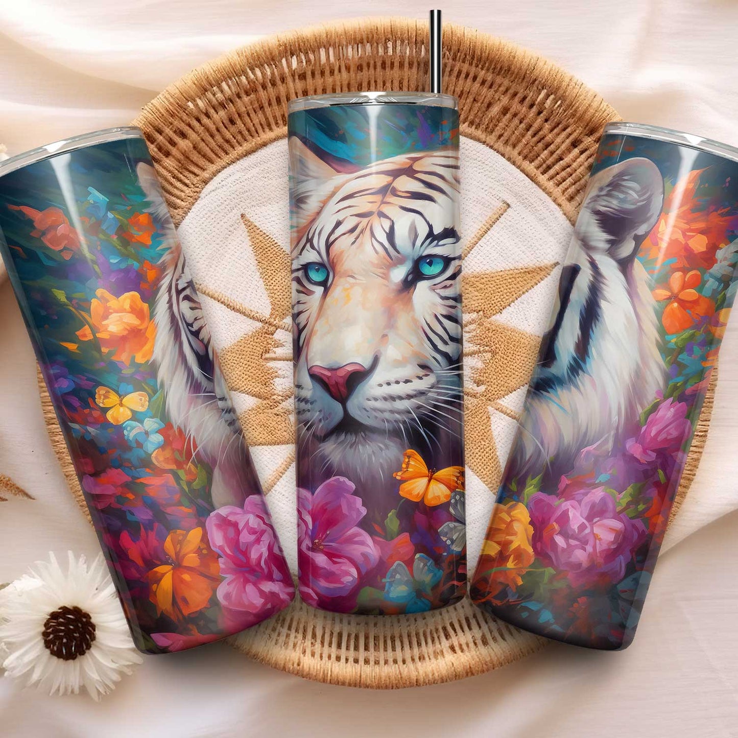 Kleurrijke witte tijger tumbler met bloemen