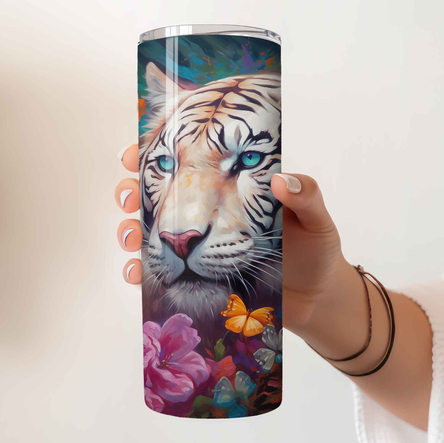 Kleurrijke witte tijger tumbler met bloemen