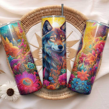 Kleurrijke wolf tumbler met bloemen