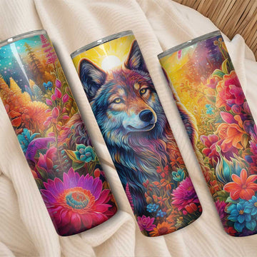 Kleurrijke wolf tumbler met bloemen