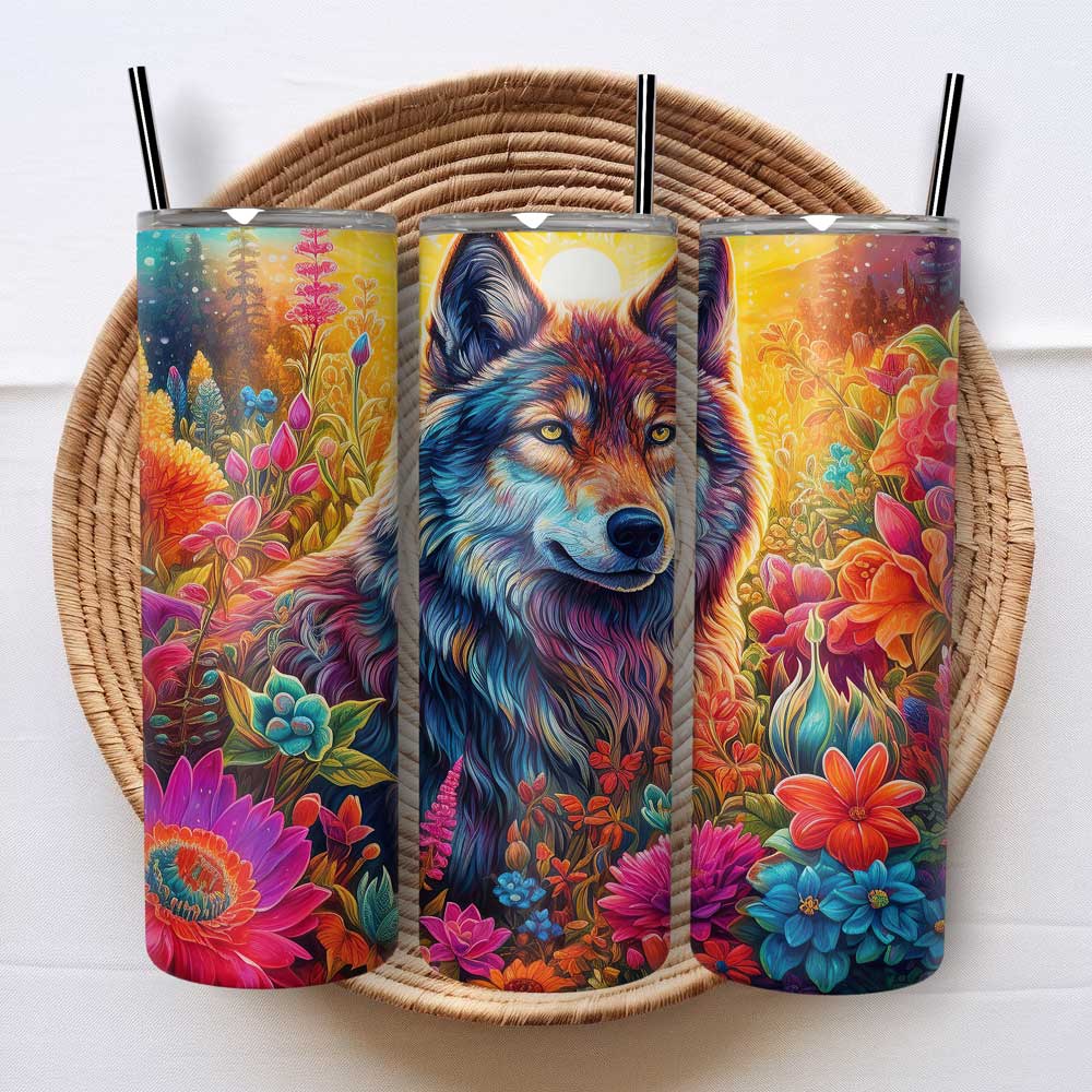 Kleurrijke wolf tumbler met bloemen