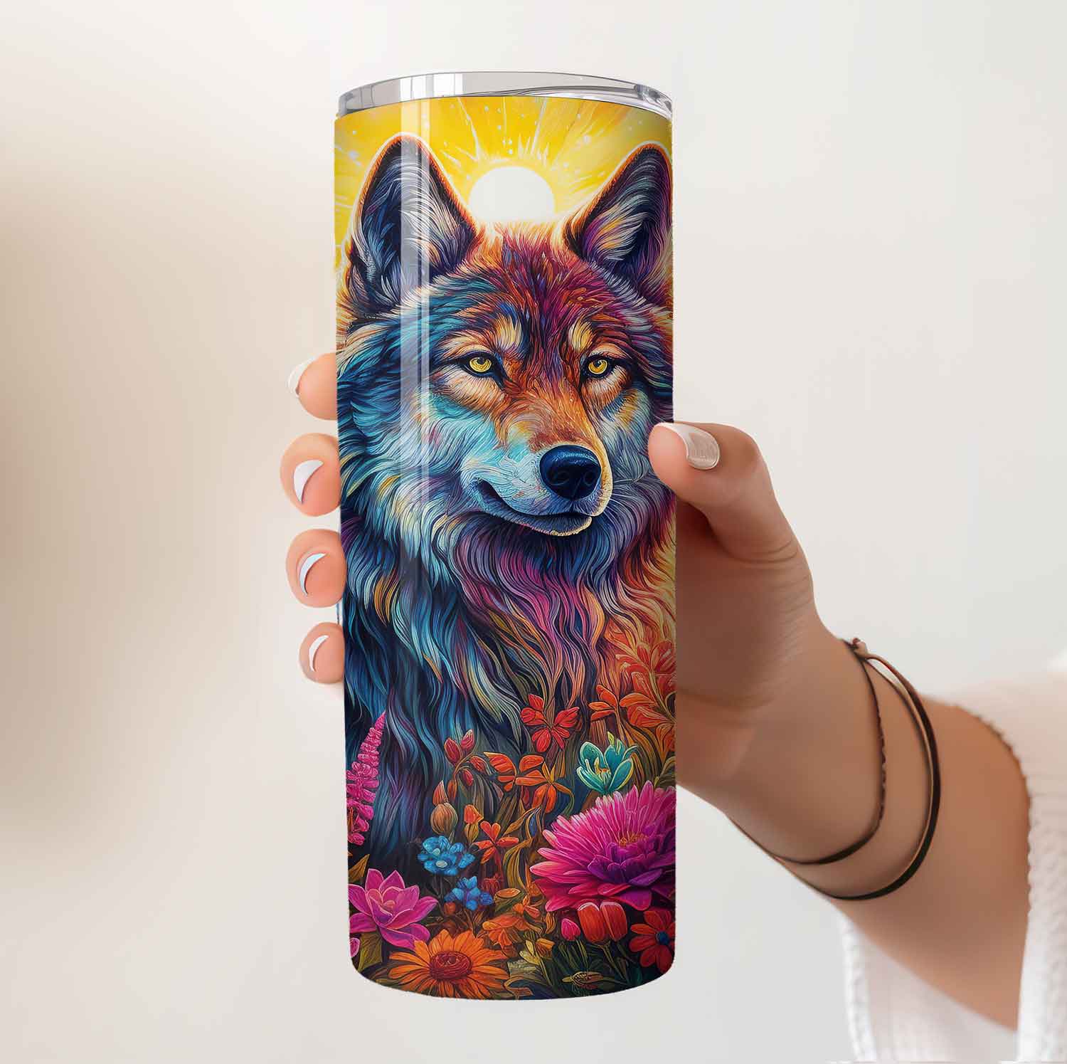 Kleurrijke wolf tumbler met bloemen