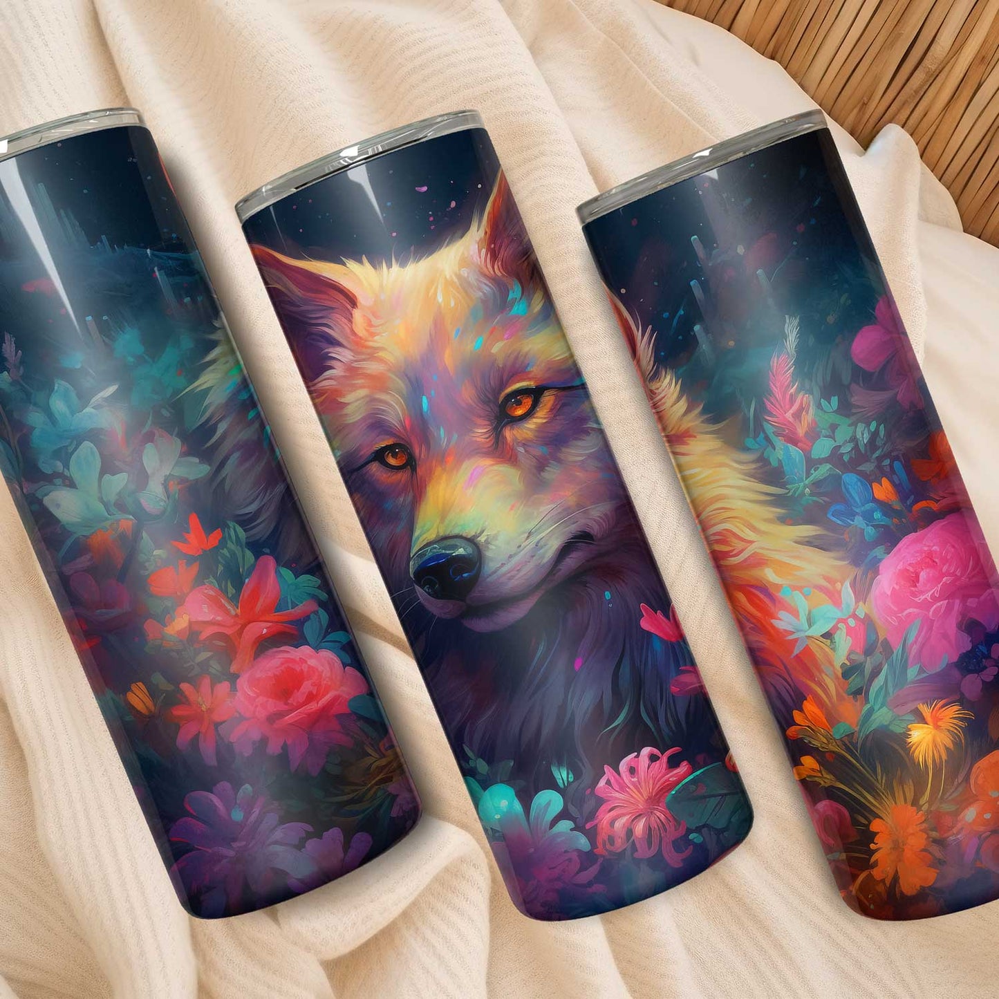 Levendige wolf tumbler met bloemen