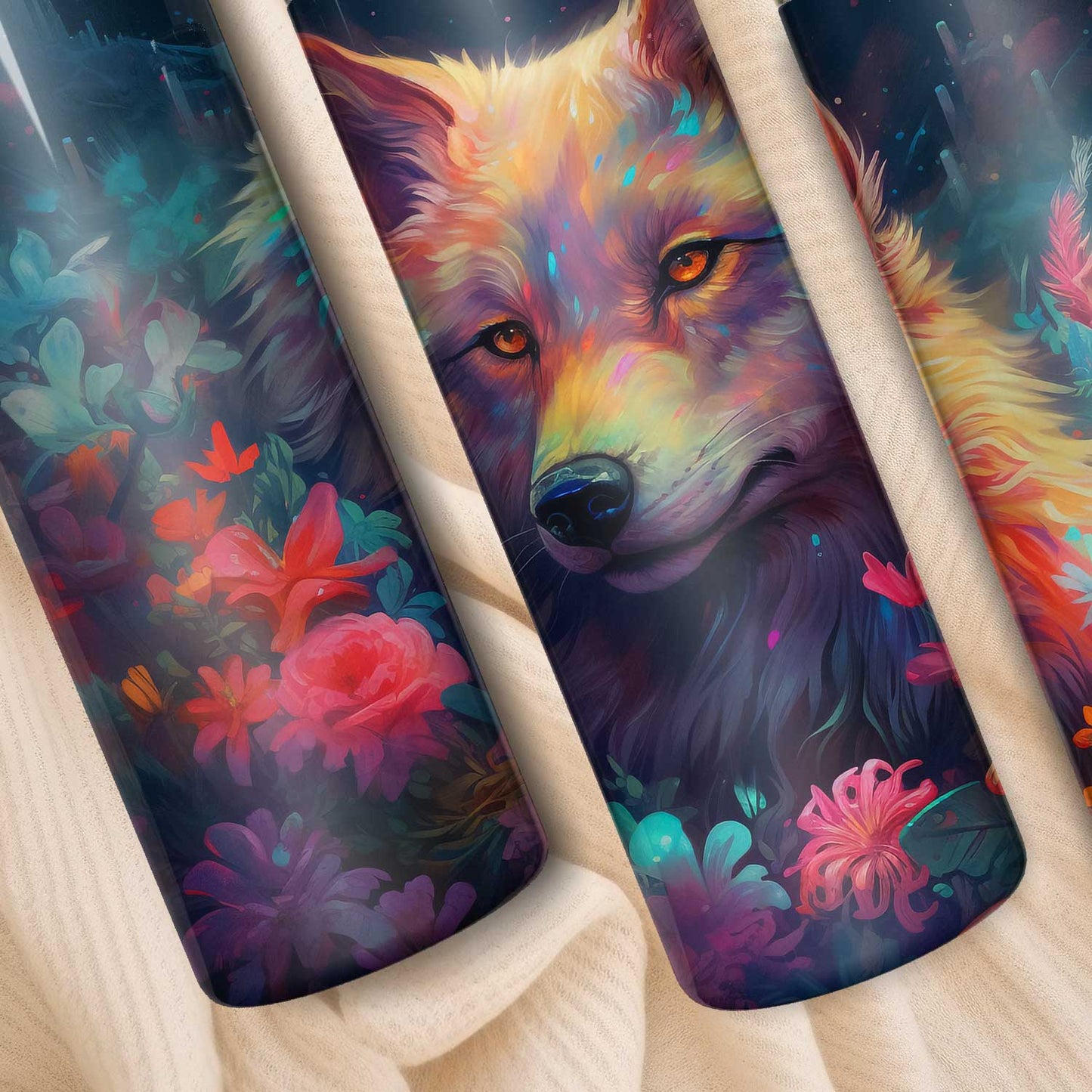 Levendige wolf tumbler met bloemen