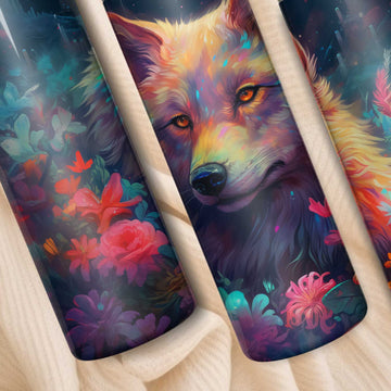 Levendige wolf tumbler met bloemen
