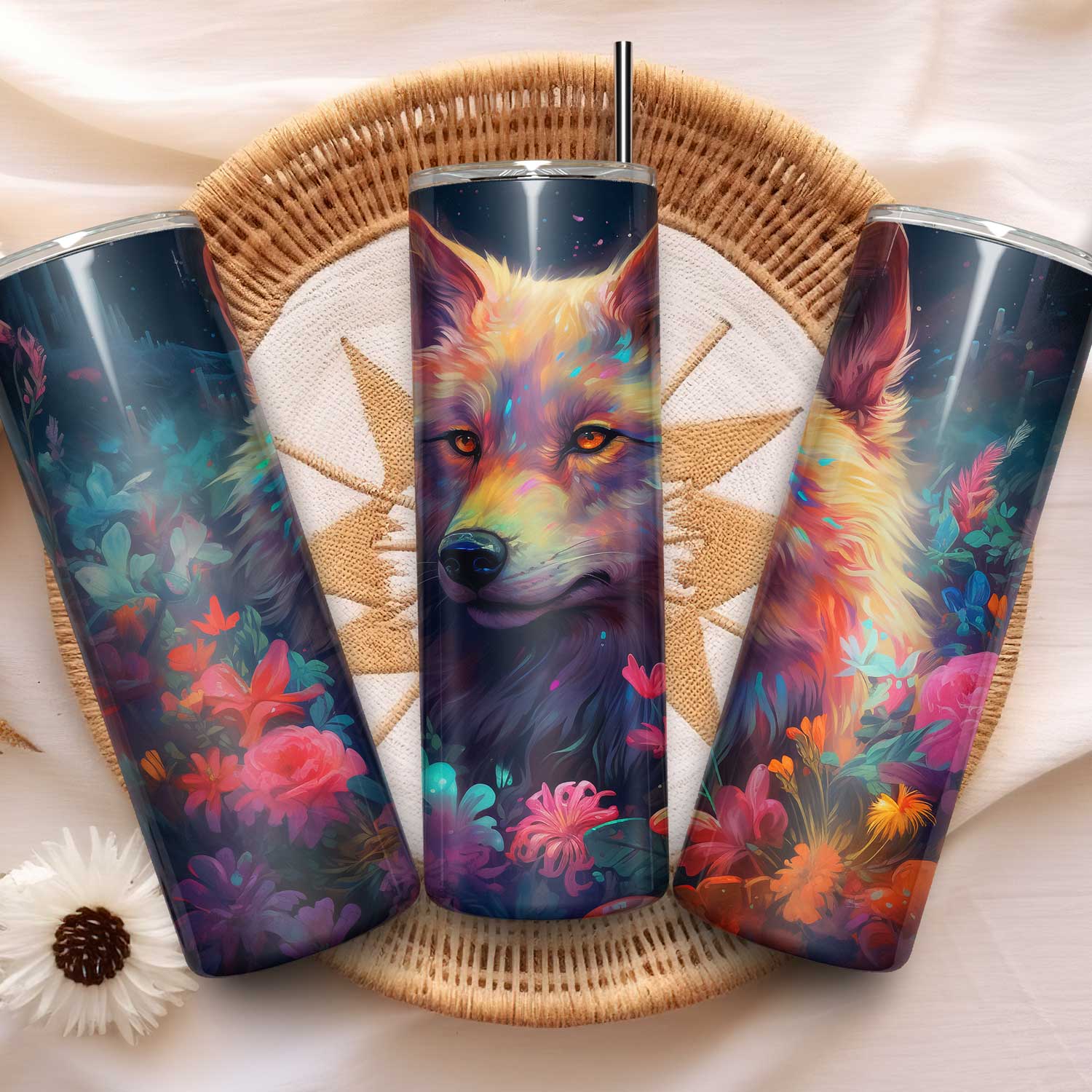 Levendige wolf tumbler met bloemen