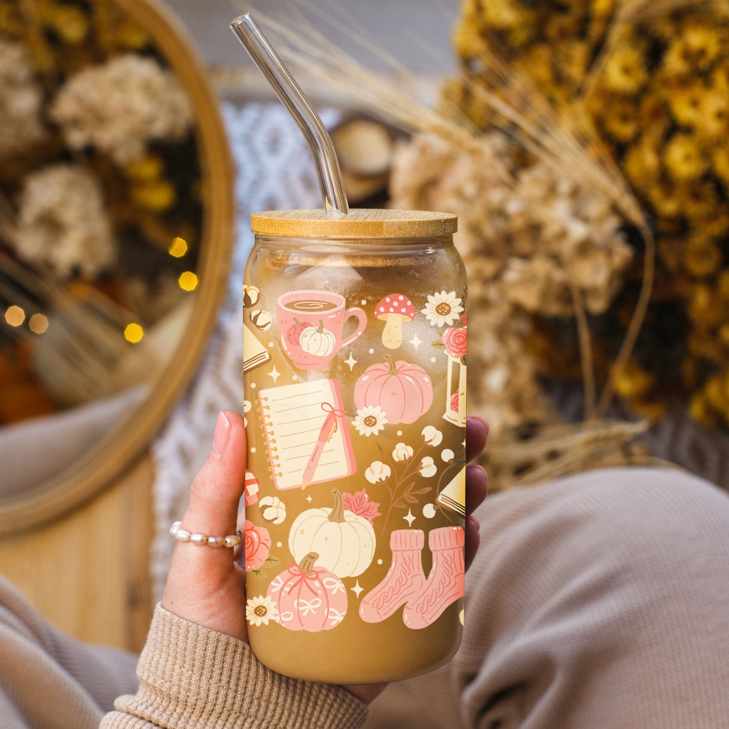 Libbey Glazen Drinkbeker 500ml – Mason Jar met Roze Herfstbladeren