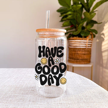 Libbey Glazen Drinkbeker 500ml met Deksel en Glazen Rietje