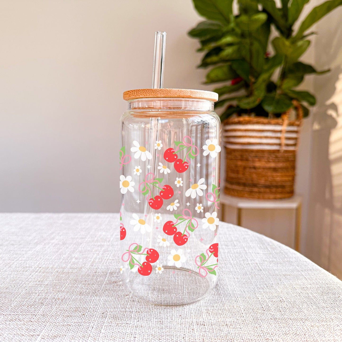 Libbey Glazen Drinkbeker 500ml met Deksel en Rietje – Kersenpatroon Drinkbeker