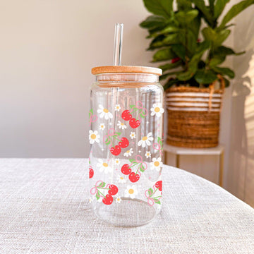 Libbey Glazen Drinkbeker 500ml met Deksel en Rietje – Kersenpatroon Drinkbeker