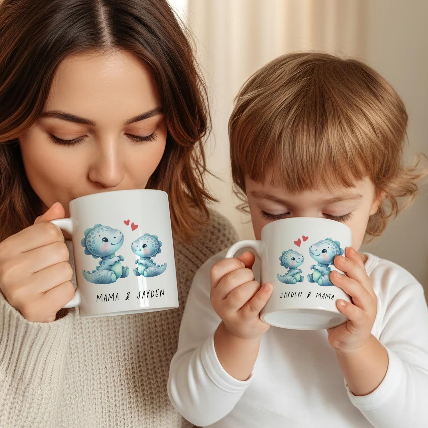 Gepersonaliseerde Dino Mokken Set – Voor Ouder & Kind 💚 Creasowl