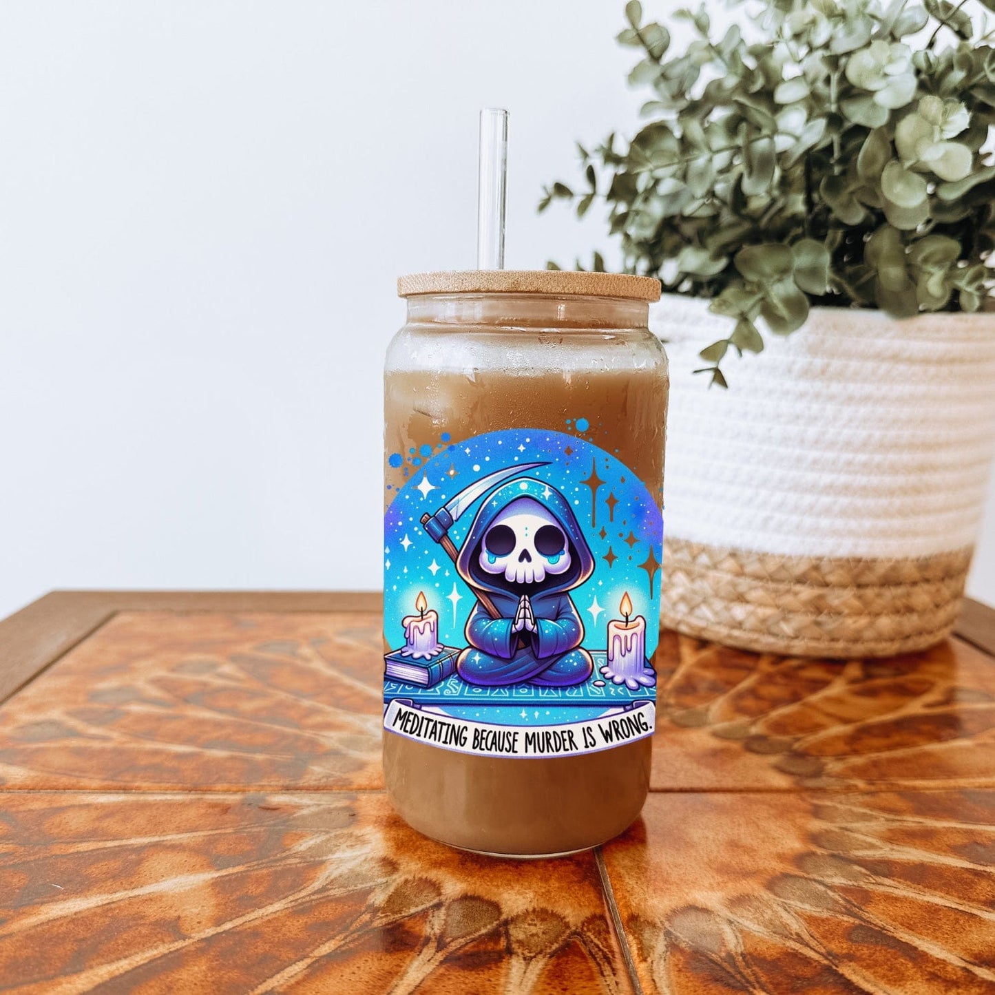 Meditating Glazen Drinkbeker met Glazen Rietje en Deksel