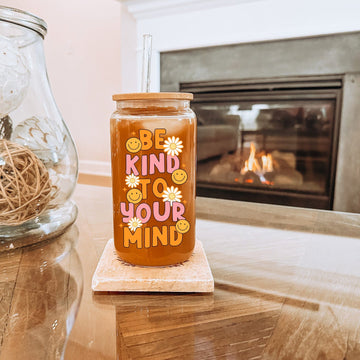 Mijn winkel Be Kind to Your Mind Glazen Drinkbeker met Rietje en Deksel