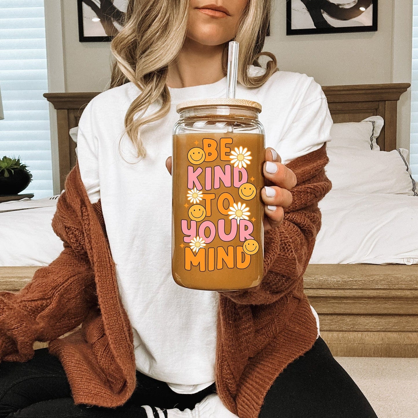Mijn winkel Be Kind to Your Mind Glazen Drinkbeker met Rietje en Deksel