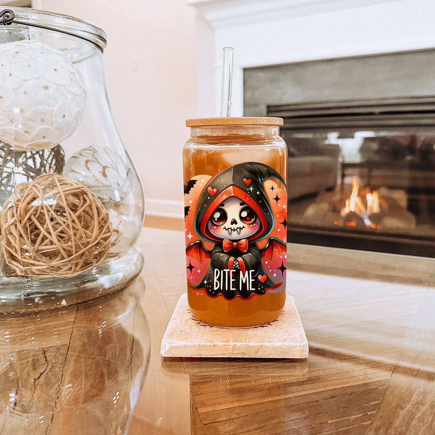 Mijn winkel Bite Me Glazen Drinkbeker met Schattig Vampiertje