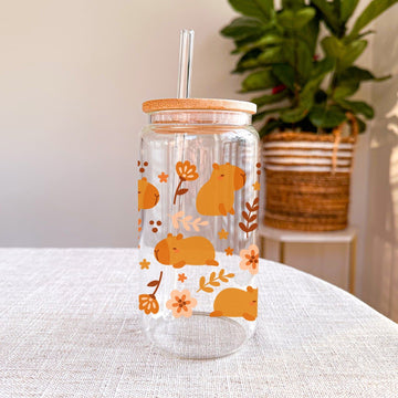 Mijn winkel Capibara Drinkbeker met Rietje - 500ml - Glazen Beker met Bamboe Deksel