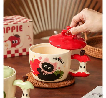 Mijn winkel Drinkware Appel Mok met Zwart Katje – Schattige Keramische Beker