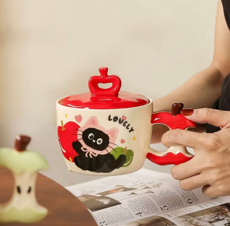 Mijn winkel Drinkware Appel Mok met Zwart Katje – Schattige Keramische Beker