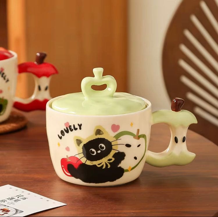 Mijn winkel Drinkware Appel Mok met Zwart Katje – Schattige Keramische Beker