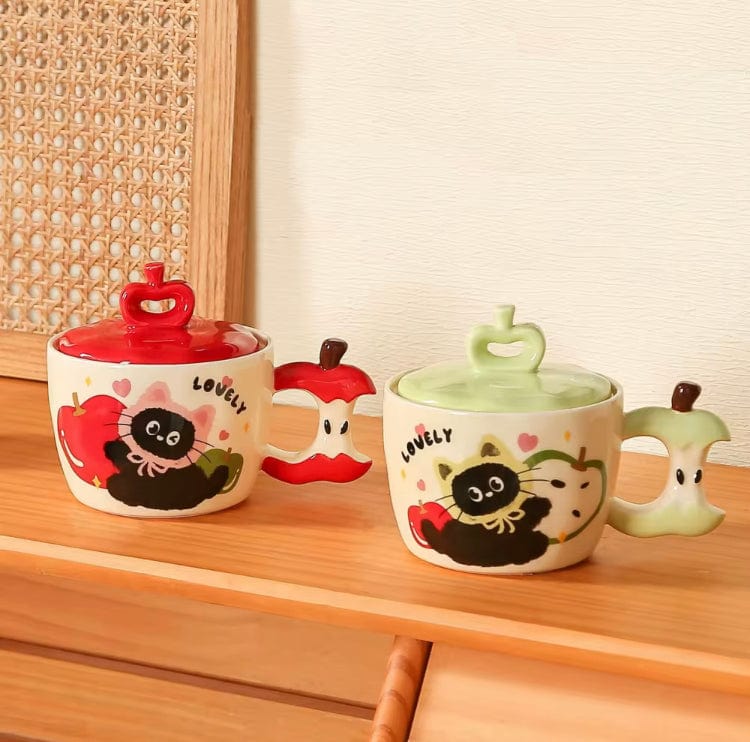 Mijn winkel Drinkware Appel Mok met Zwart Katje – Schattige Keramische Beker