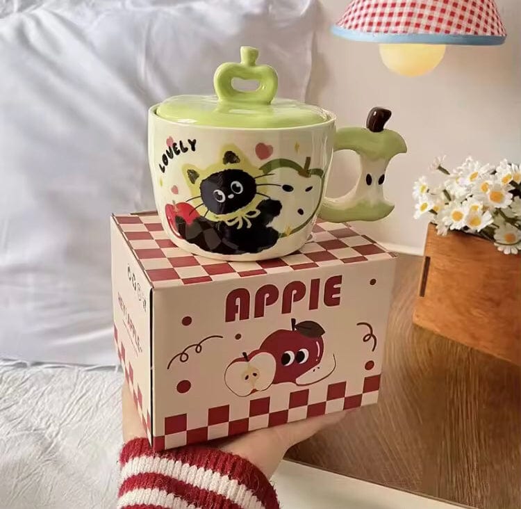 Mijn winkel Drinkware Appel Mok met Zwart Katje – Schattige Keramische Beker