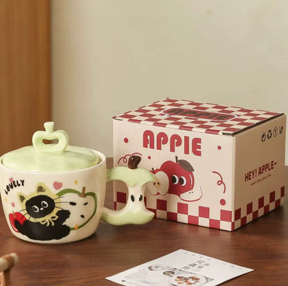 Mijn winkel Drinkware Groen Appel Mok met Zwart Katje – Schattige Keramische Beker
