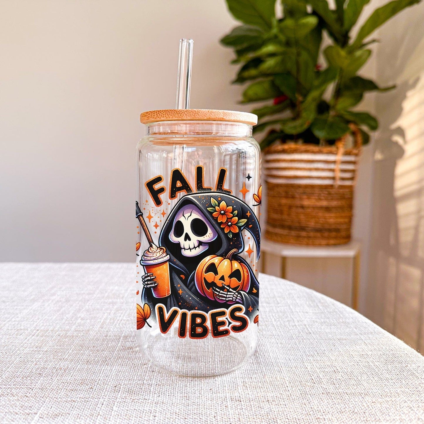 Mijn winkel Fall Vibes Glazen Drinkbeker met Grappige Grim Reaper