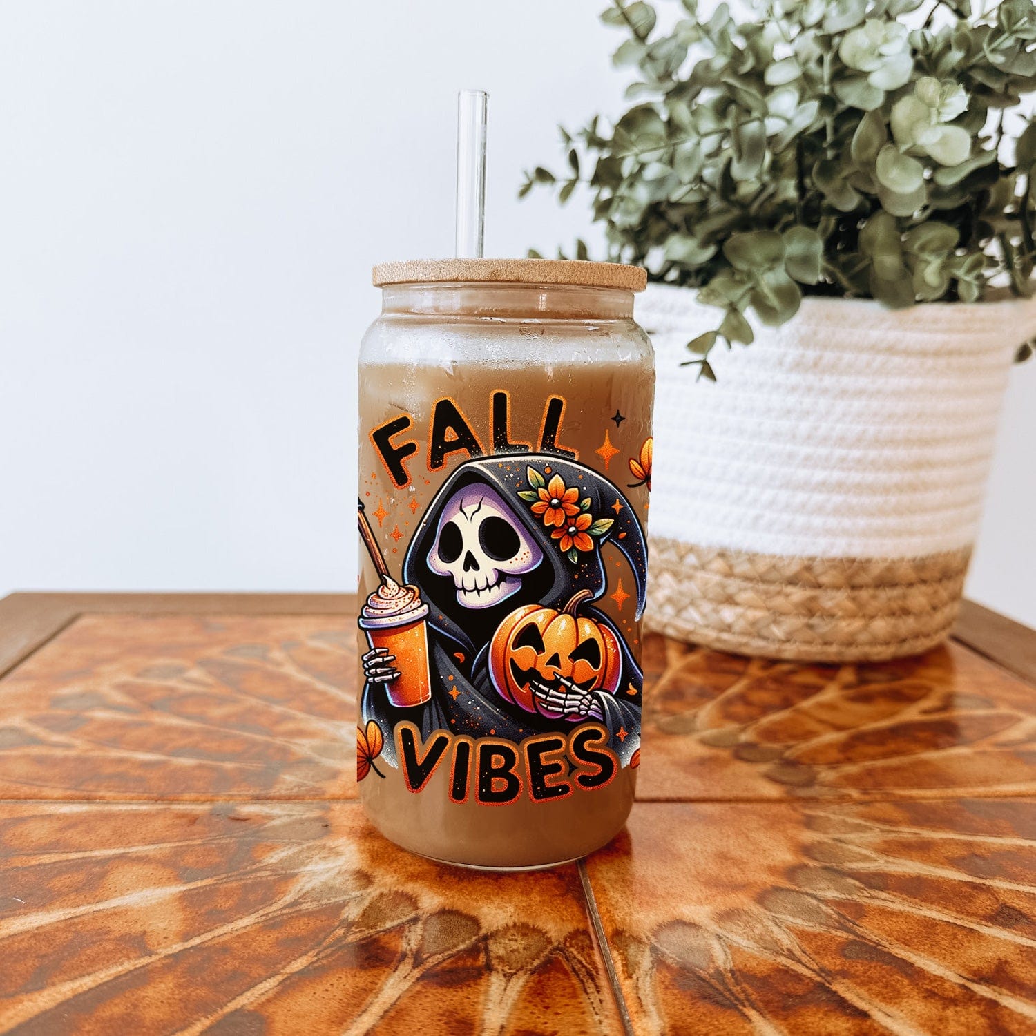 Mijn winkel Fall Vibes Glazen Drinkbeker met Grappige Grim Reaper