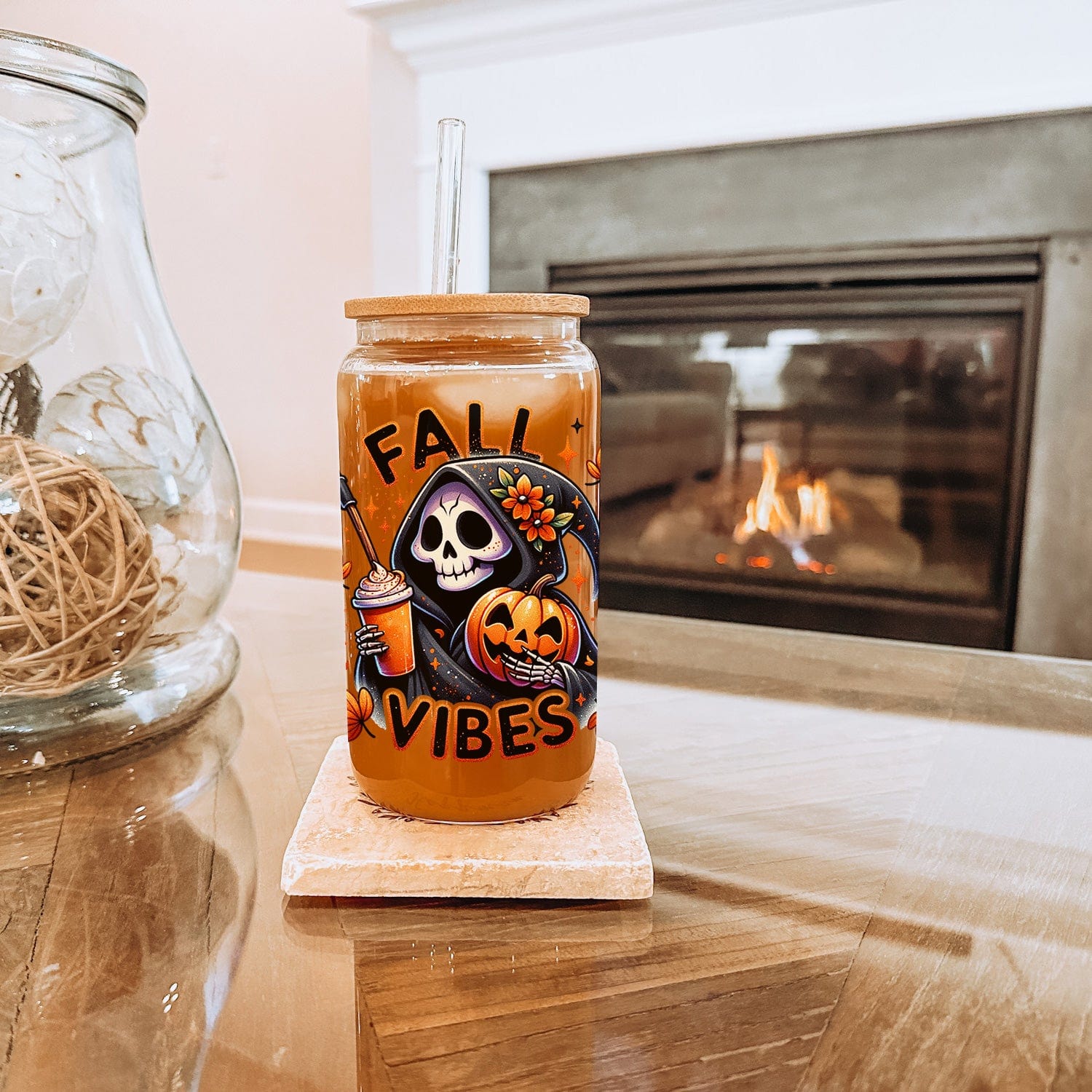 Mijn winkel Fall Vibes Glazen Drinkbeker met Grappige Grim Reaper