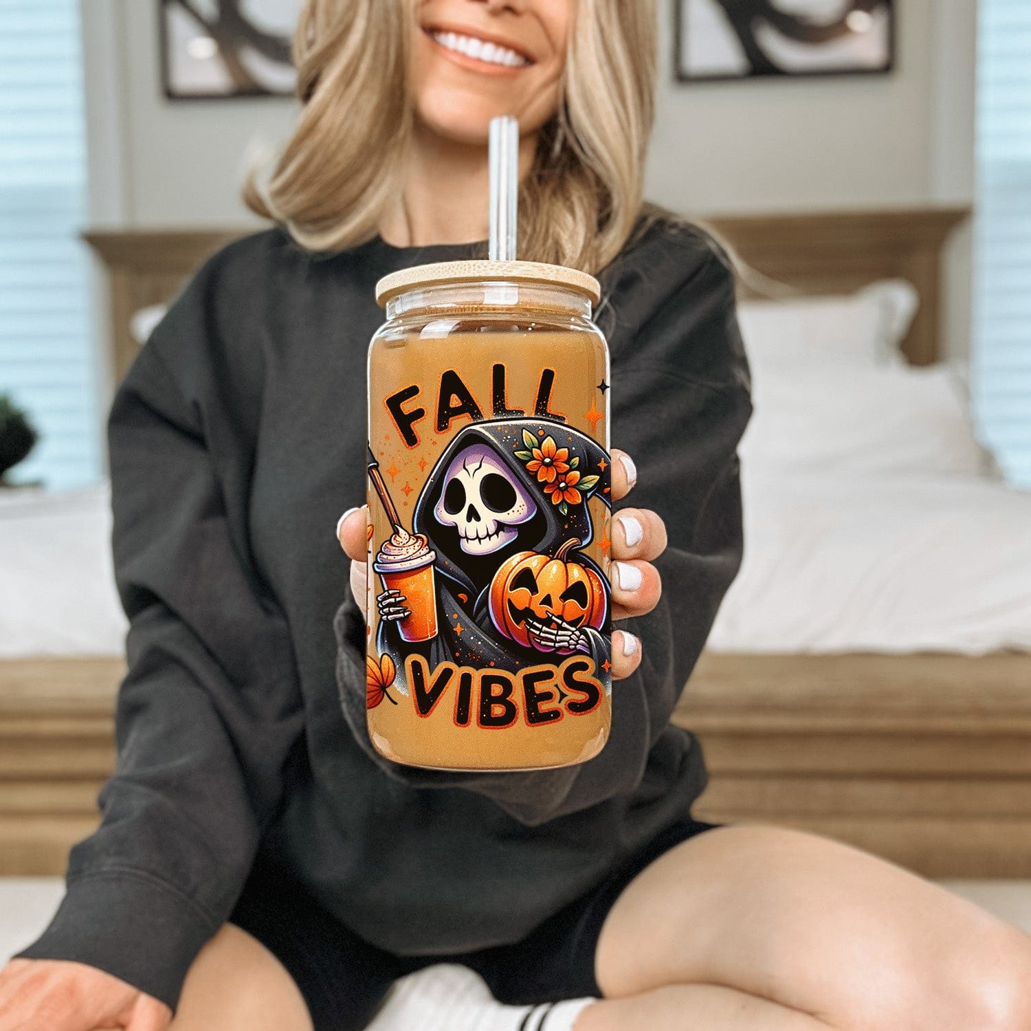 Mijn winkel Fall Vibes Glazen Drinkbeker met Grappige Grim Reaper