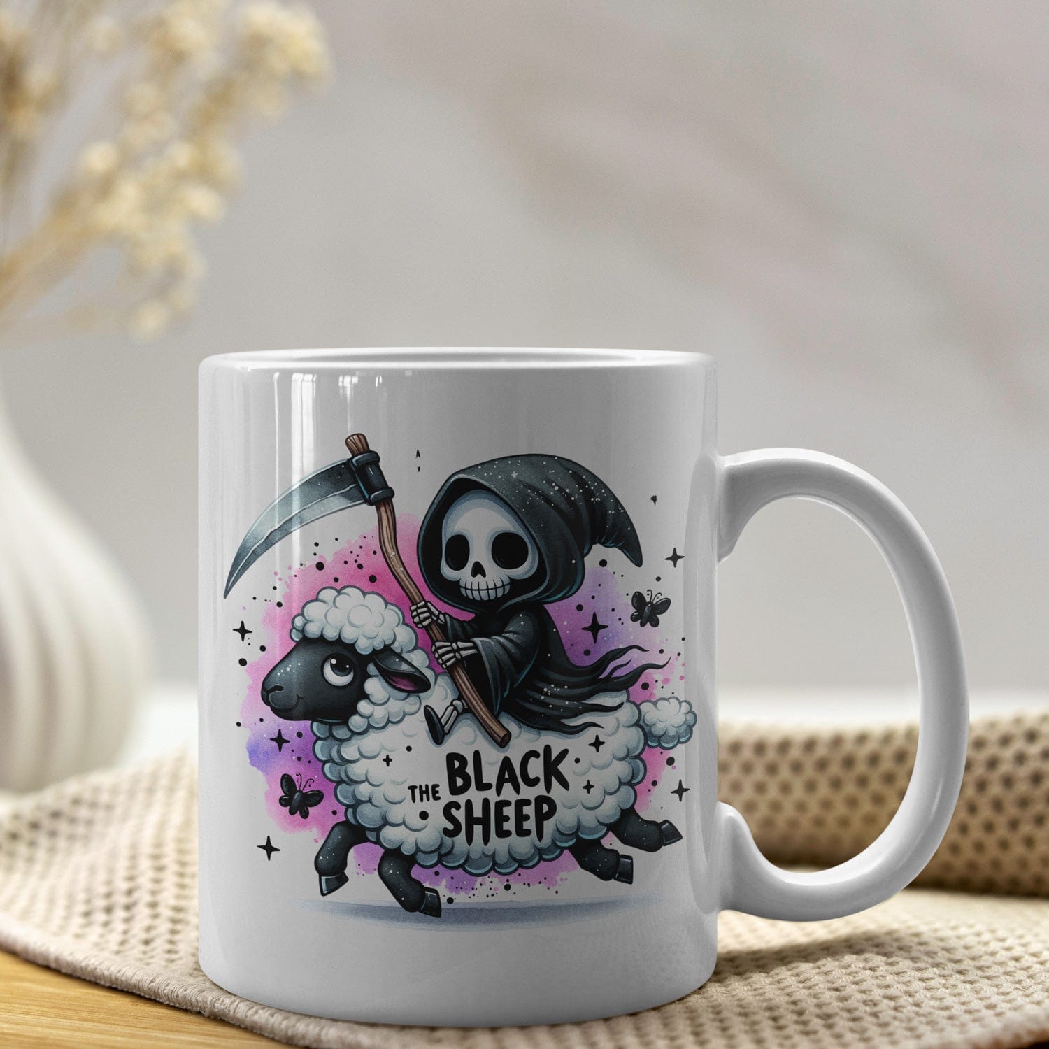Mijn winkel Grappige Mok met Grim Reaper op Schaap en Tekst "The Black Sheep"