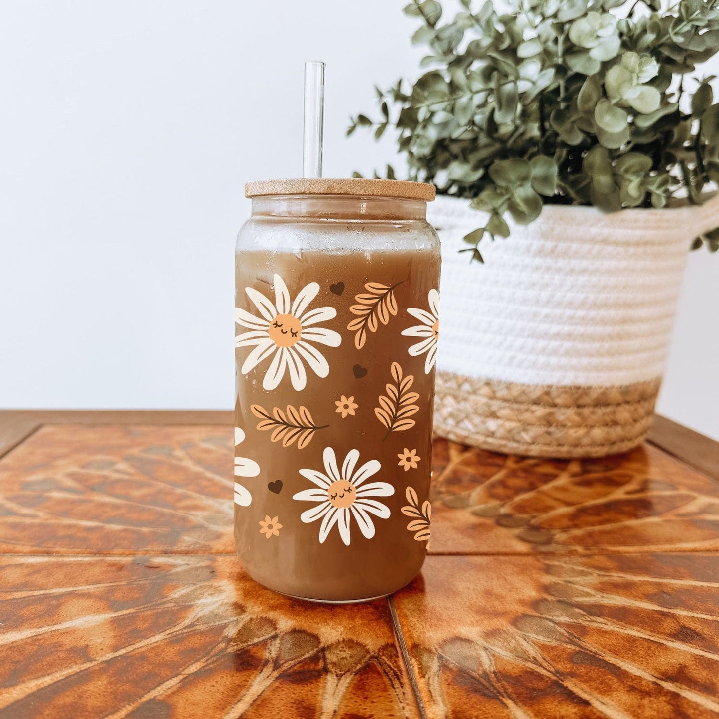 Mijn winkel Happy Face Bloemetjes Glazen Drinkbeker met Rietje en Deksel