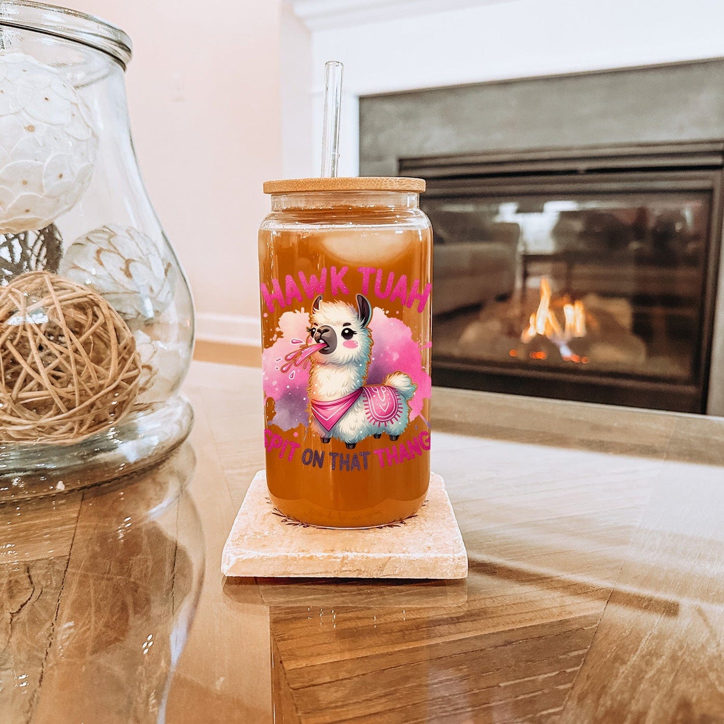 Mijn winkel Hawk Tuah Glazen Drinkbeker met Spugende Lama
