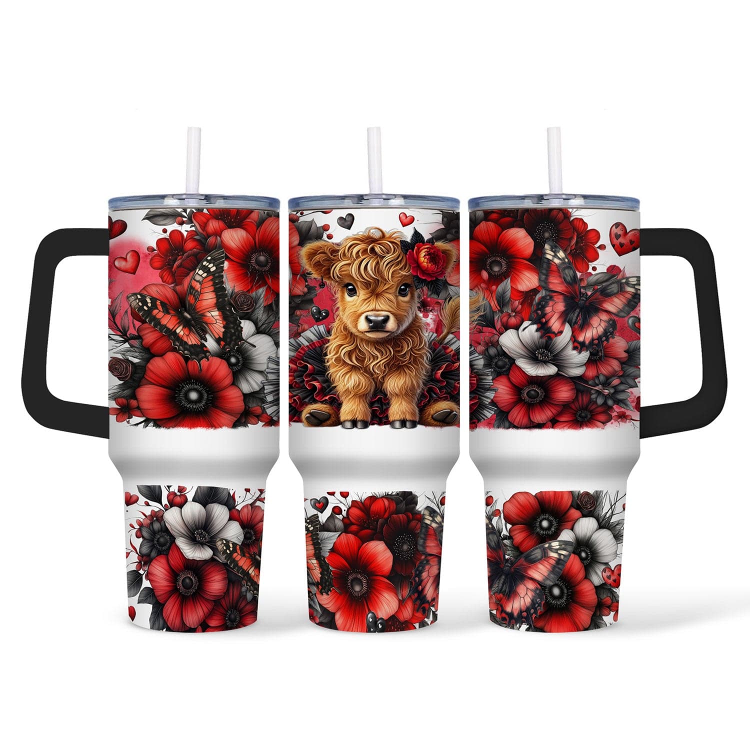 Mijn winkel Hoogland Koe 40oz Tumbler met Bloemen – Rustieke Drinkbeker met Rietje