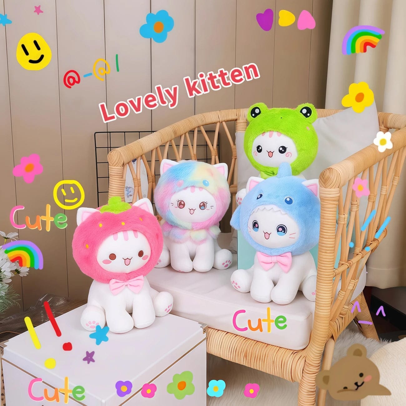 Mijn winkel Kawaii Katten Knuffel 25 cm – Schattige Pluche Kat met Mutsje (Aardbei, Kikker,