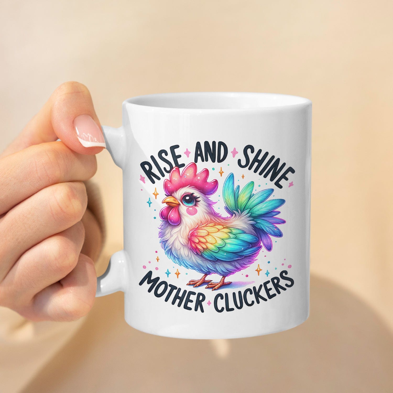 Mijn winkel Kleurrijke mok met grappige kip en Tekst "Rise and Shine Mother Cluckers"