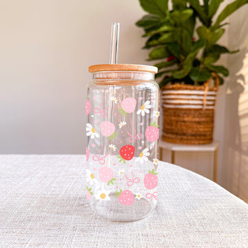 Mijn winkel Libbey Glazen Aardbeien Patroon Drinkbeker 500ml met Deksel en Glazen Rietje