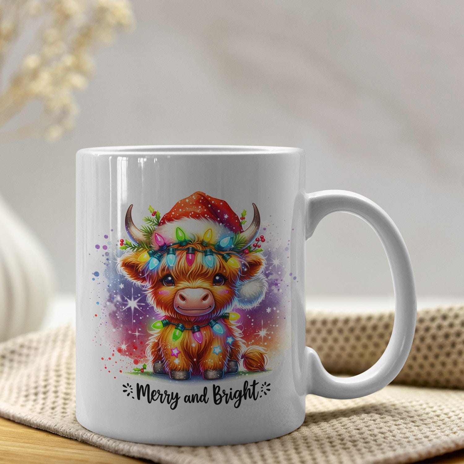 Mijn winkel Merry & Bright Kerstmok 325ml – Kerst Koffiemok met Schattige Highland Koe Illustratie